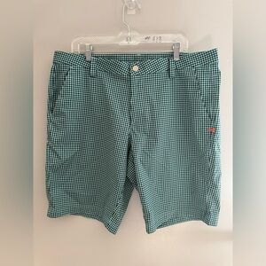 Under Armour Men’s Gingham Checkered Golf Shorts SZ 38 Neon Logo Teal Casual